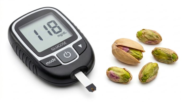 Pistachio next to a glucometer showing blood sugar level