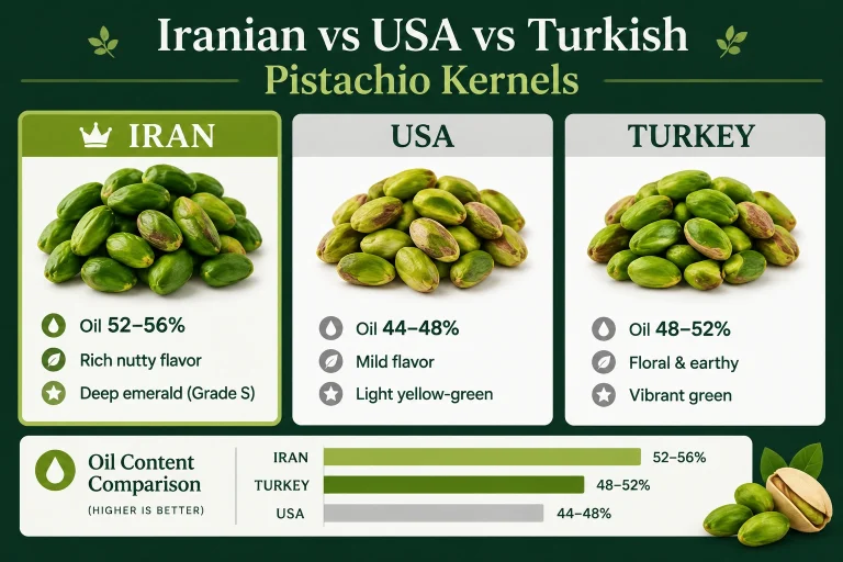 Iranian Pistachio Kernels vs. USA & Turkish Pistachio Kernels Flavor, Color, and Oil Content-infographic