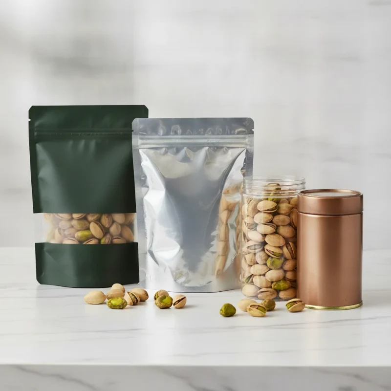 Retail pistachio packaging comparison showing stand-up pouches, MAP bags, and PET jars for private label export.