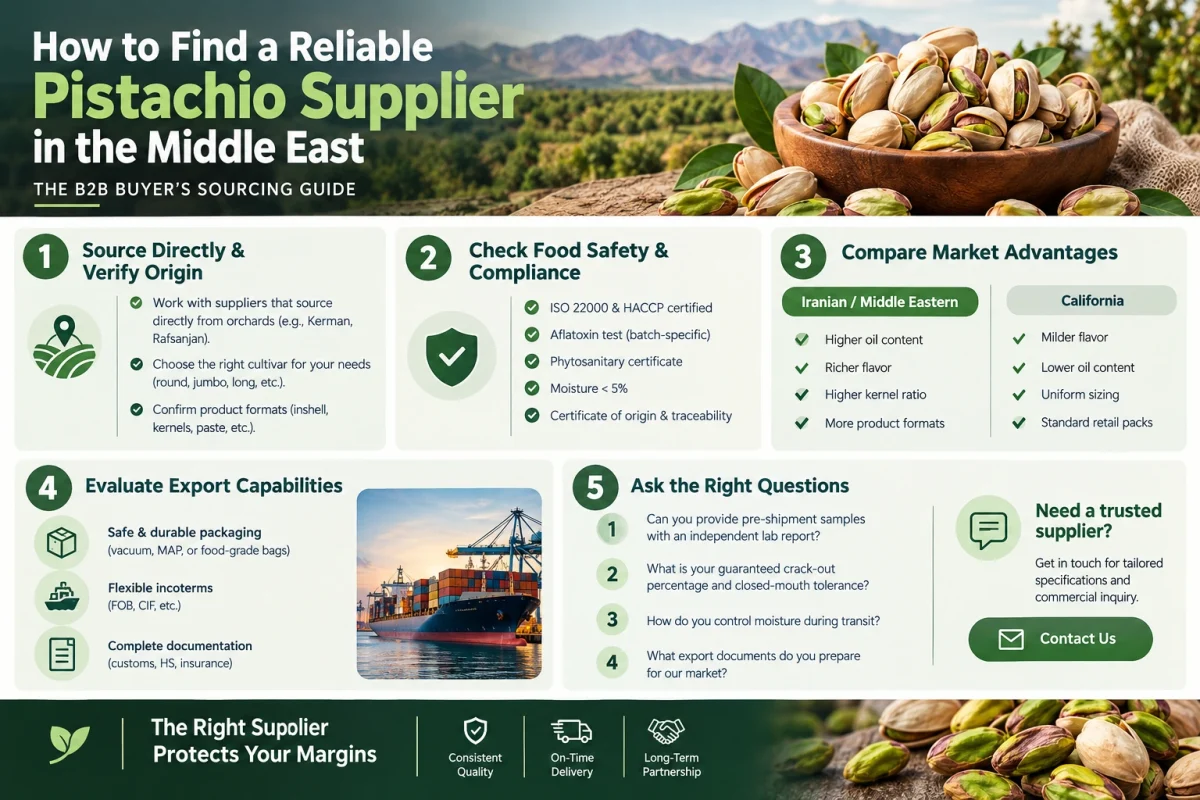 How to find a reliable pistachio supplier in the Middle East infographic
