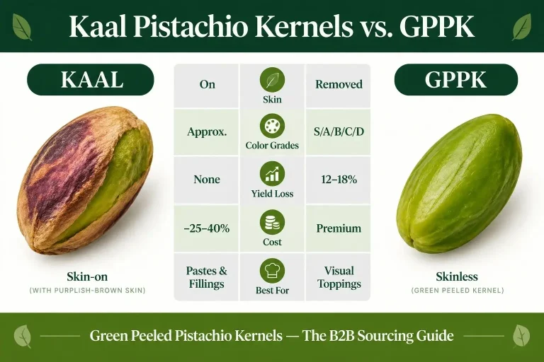 Kaal Pistachio Kernels vs. GPPK (Green Peeled Pistachio Kernels) What Industrial Buyers Must Know-infographic